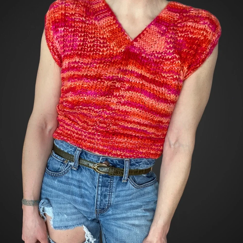 OOAK Vintage 70s80s Vibrant Sunset Multicolor Handmade Crochet Knit Sweater Vest - Picture 6 of 10
